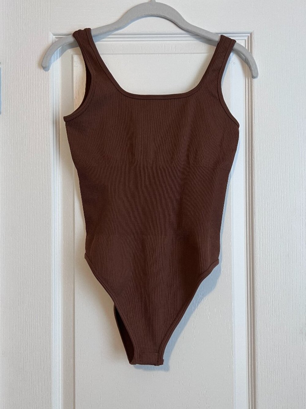 Brown Ribbed Seamless Scoop Neck Bodysuit - Size Med